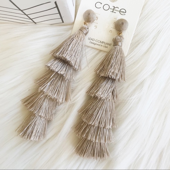 TULIPAN Multi Layer Taupe Tassel Fringe Earrings - Picture 2 of 7
